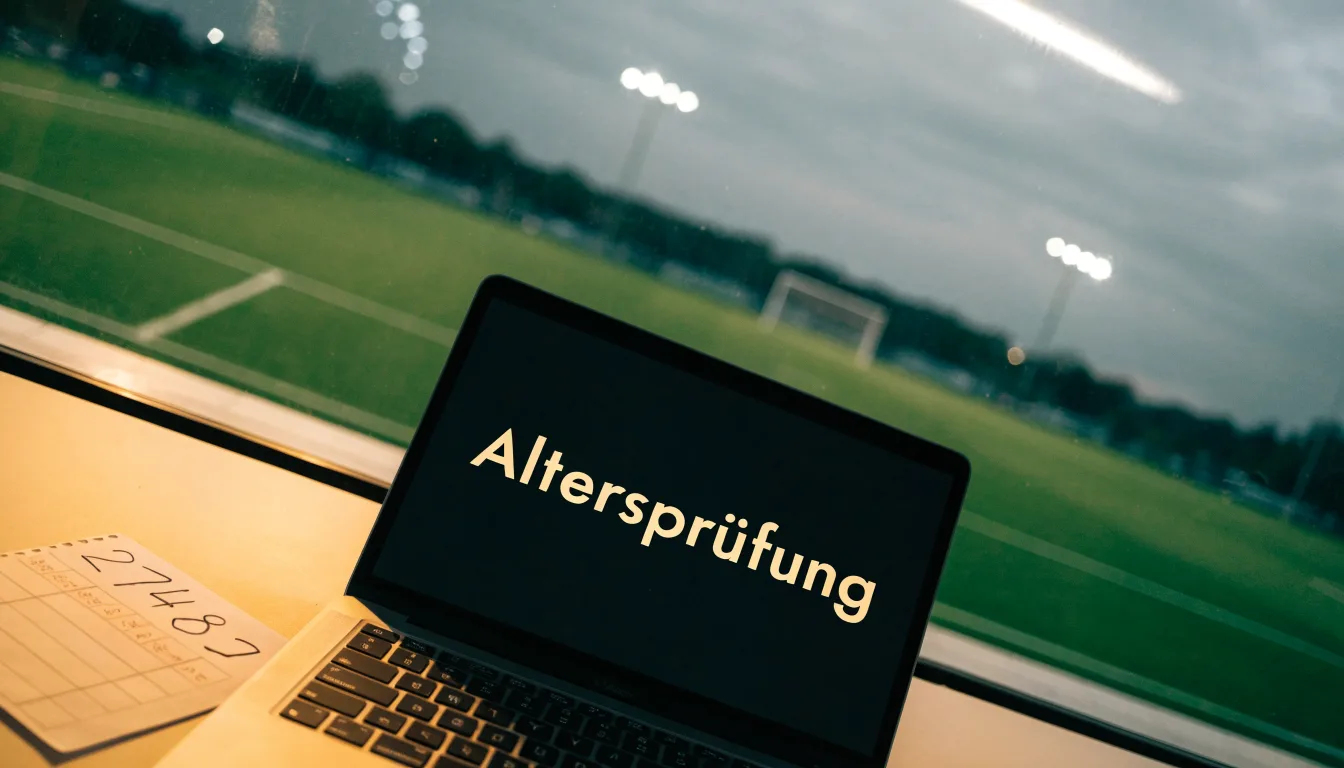Ein Vorhängeschloss hängt an einem Metalltor in der Dämmerung, im Hintergrund unscharf ein Fußballplatz.