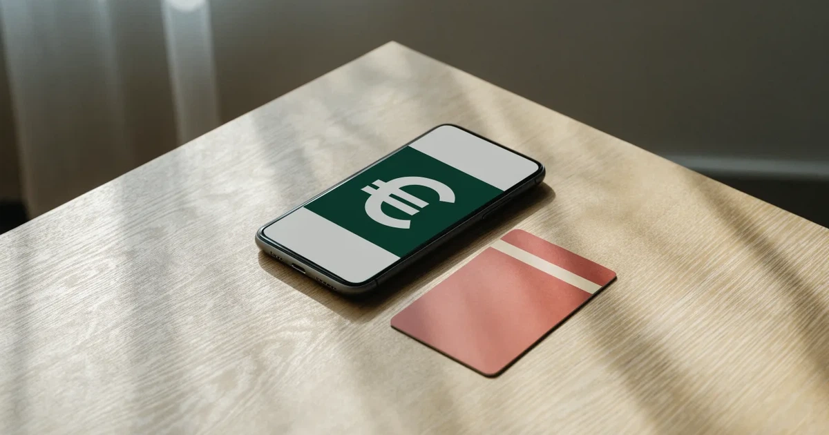 Eine Plastikkarte ohne Aufdruck liegt neben Münzen und einem Smartphone mit dunklem Display auf einem hellen Tisch.