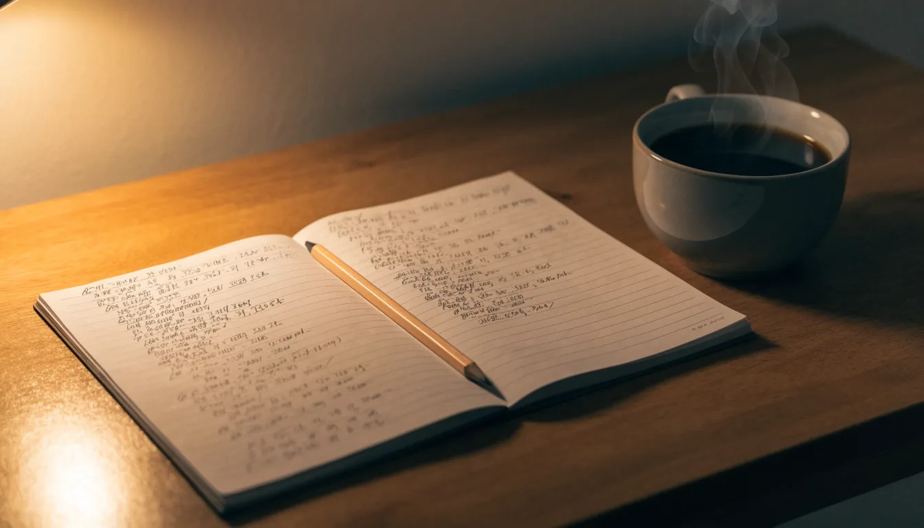 Ein Taschenrechner und ein Bleistift liegen auf einem Schreibtisch neben einer Tasse Kaffee im Licht einer Lampe.