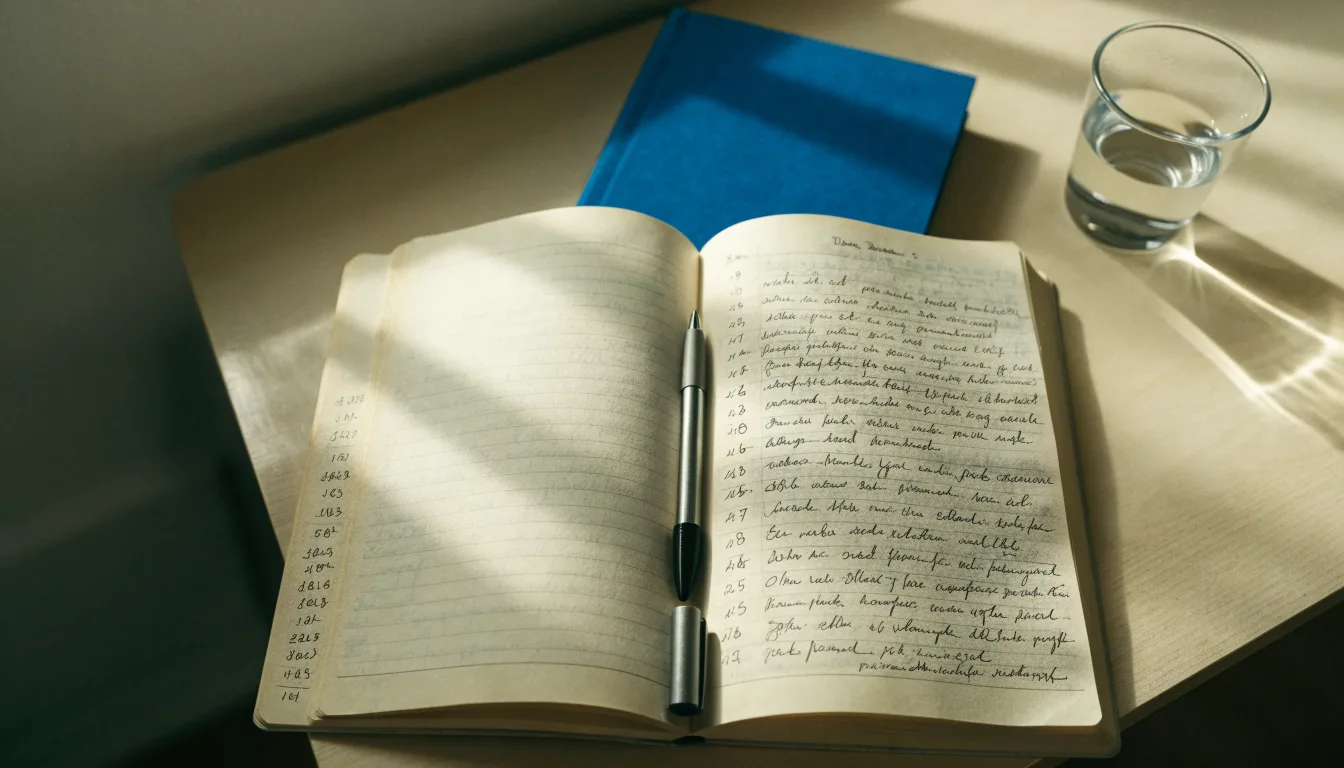 Ein Taschenrechner und ein aufgeschlagenes Notizbuch mit handschriftlichen Zahlenreihen liegen unter einer Schreibtischlampe.