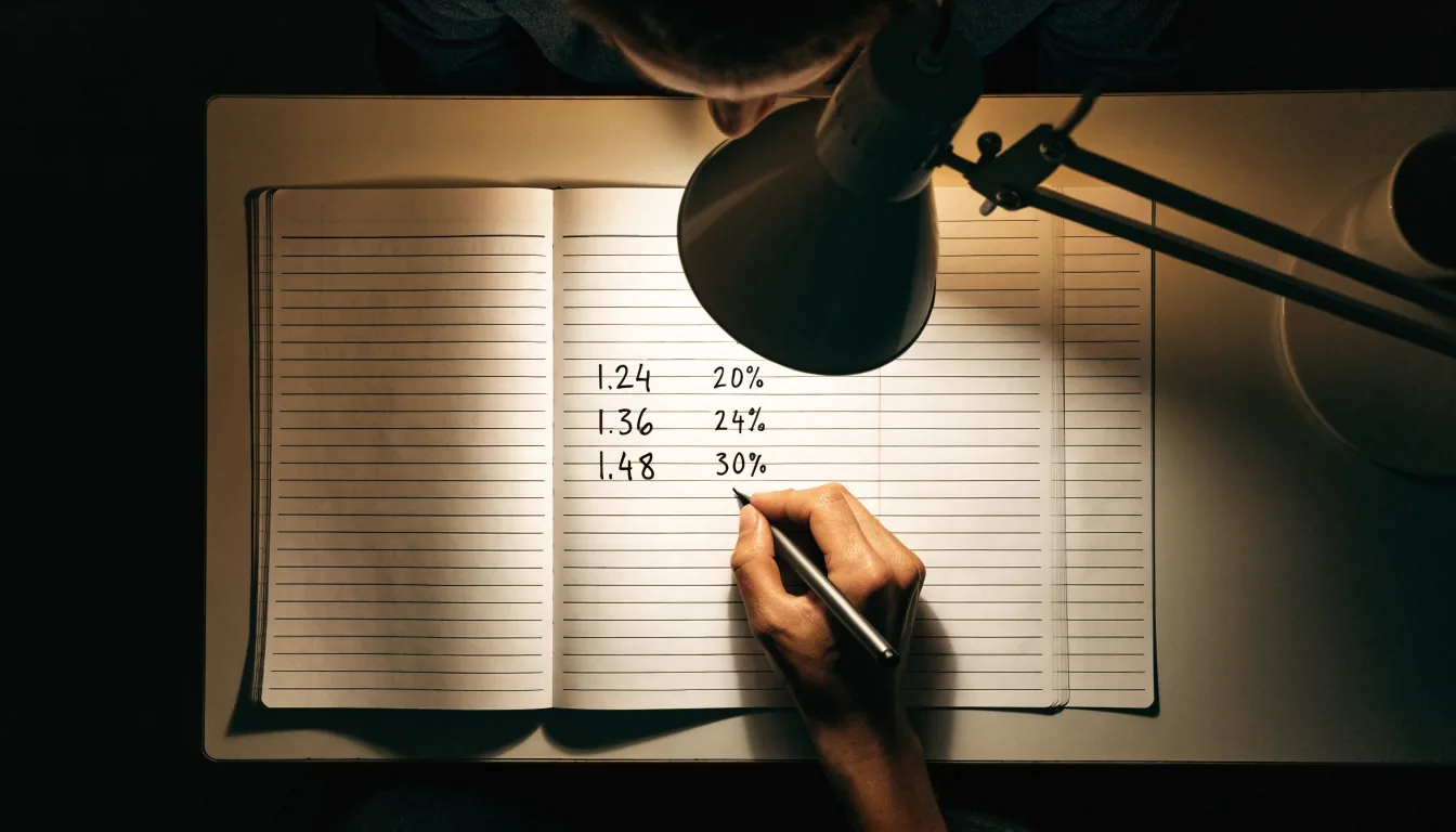 Ein Taschenrechner und ein aufgeschlagenes Notizbuch mit handschriftlichen Zahlenreihen liegen unter einer Schreibtischlampe.