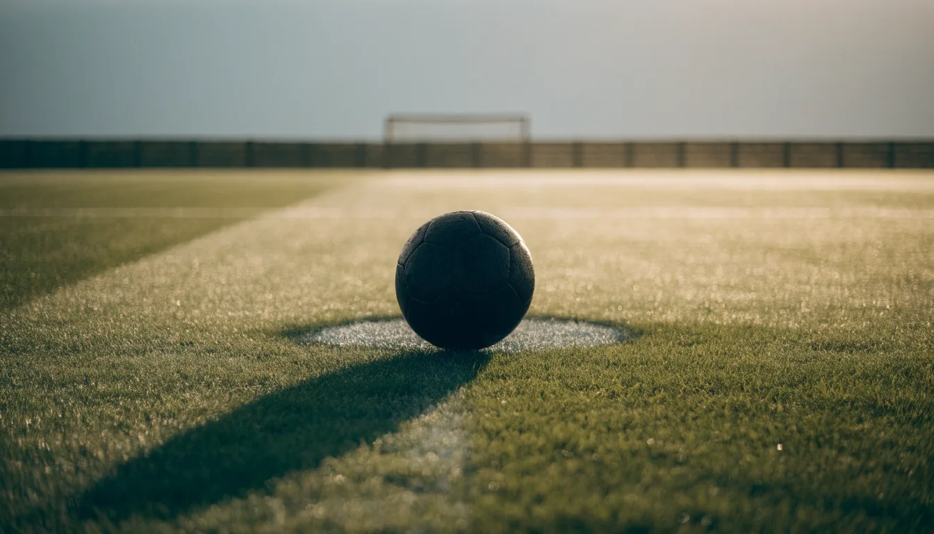Ein Fußball liegt allein auf dem Anstoßpunkt eines leeren Rasenplatzes im Morgenlicht, am Rand ein niedriger Zaun.