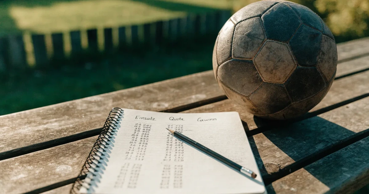 Ein Notizbuch mit handschriftlichen Zahlenkolonnen und ein Bleistift liegen neben einem Fußball auf einer Holzbank.