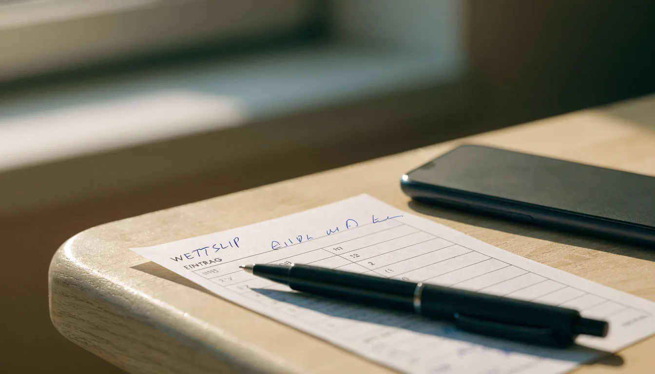 Ein leerer Papier-Wettschein und ein Kugelschreiber liegen neben einem Smartphone mit dunklem Display auf einem Tisch am Fenster.