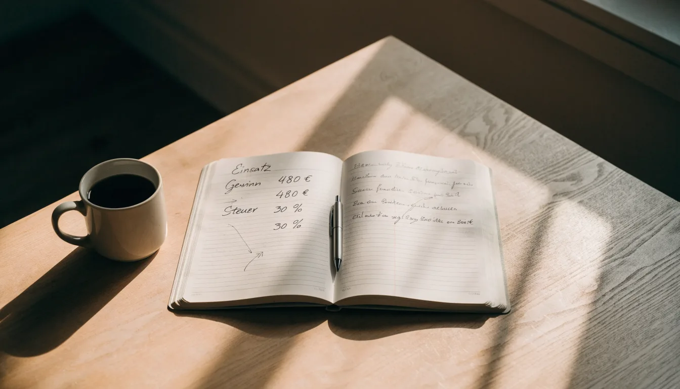Ein Notizbuch mit handschriftlichen Rechnungen und ein Taschenrechner liegen auf einem hellen Schreibtisch neben einer Kaffeetasse.