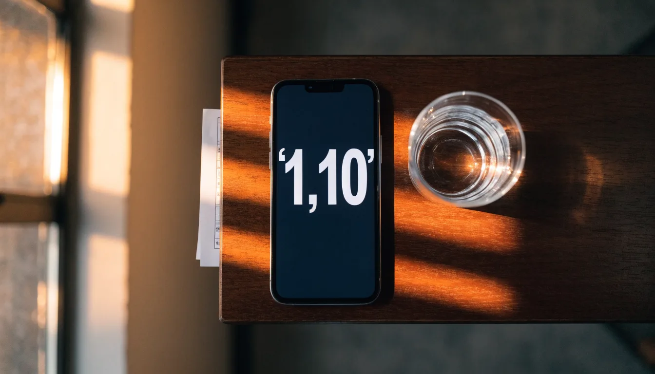 Ein Smartphone liegt mit dem Display nach unten auf einem Holztisch neben einem Glas Wasser, Abendlicht fällt durch ein Fenster.