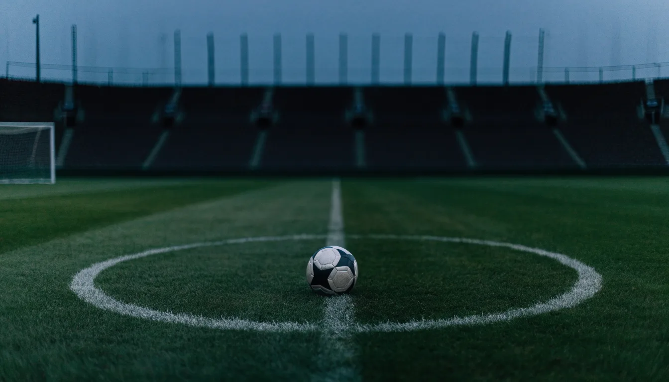 Ein Fußball liegt auf dem Anstoßpunkt eines leeren Rasenplatzes, dahinter ragen dunkle Ränge in den Abendhimmel.