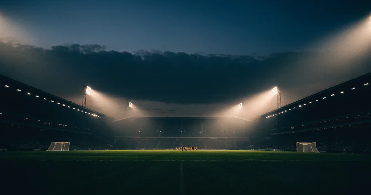 Ein Fußballstadion am Abend unter Flutlicht aus der Ferne gesehen, die Tribünen sind leicht beleuchtet und der Himmel dunkelblau.