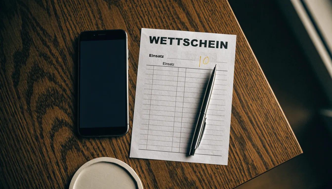 Ein Smartphone mit dunklem Display liegt neben einem leeren Papier-Wettschein und einem Stift auf einem Holztisch.