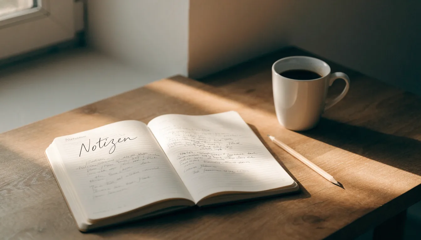 Ein Notizbuch mit handschriftlichen Notizen und einem Bleistift liegt auf einem Tisch, daneben steht eine Kaffeetasse im Morgenlicht.
