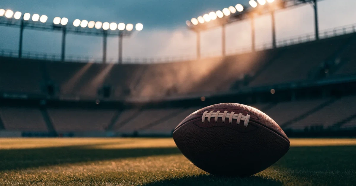 Ein American-Football-Ball liegt auf einem Rasenplatz unter Flutlicht, im Hintergrund eine große Tribüne in der Dämmerung.