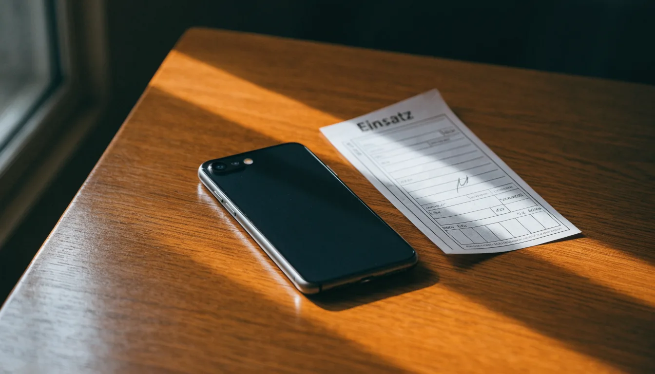 Ein Smartphone liegt mit dunklem Display auf einem Holztisch neben einem leeren Papier-Wettschein, Licht fällt von einem Fenster.