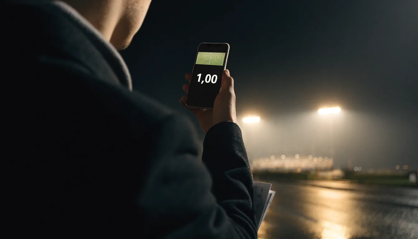 Ein Stadion unter Flutlicht von weitem betrachtet, davor ein stiller Platz bei Dunkelheit und feuchtem Asphalt.