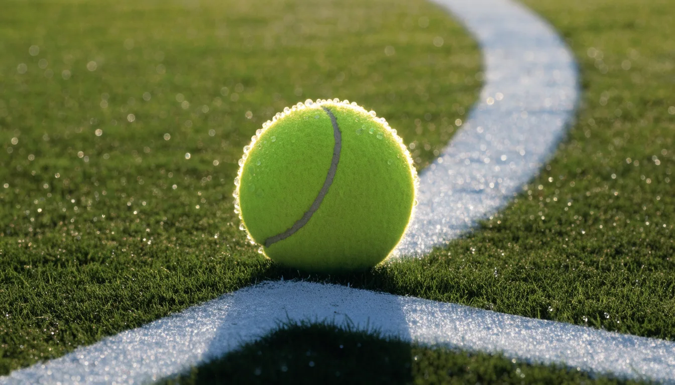 Ein Tennisball liegt auf frisch gemähtem Gras neben einer weißen Linie, Tautropfen glänzen im Gegenlicht.