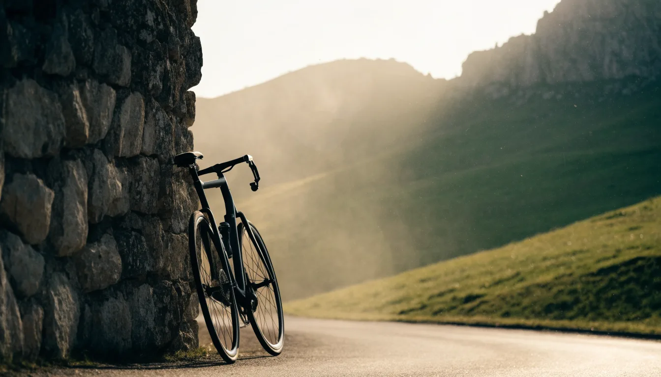 Ein Rennrad lehnt an einer Steinmauer in einer Bergkurve, im Hintergrund eine weite Hügellandschaft im Gegenlicht.