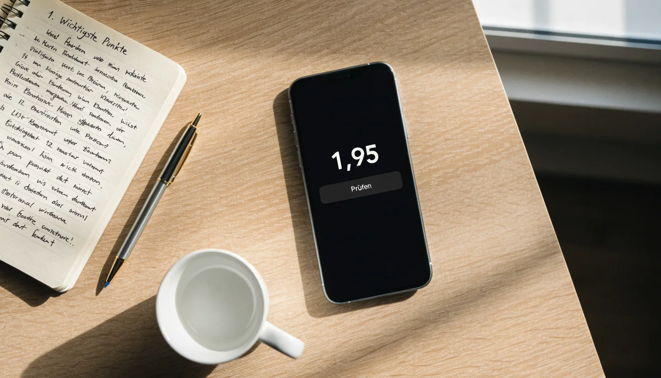 Ein Smartphone liegt auf einem Tisch neben einem Notizbuch mit handschriftlichen Notizen und einer Tasse Kaffee.