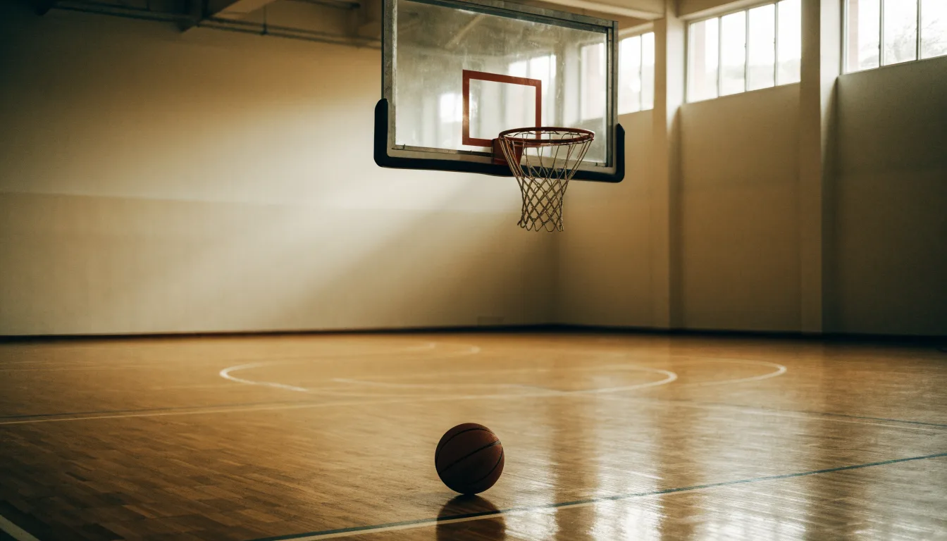 Ein Basketballkorb in einer leeren Halle, der Ball liegt unter dem Brett auf dem Parkett.