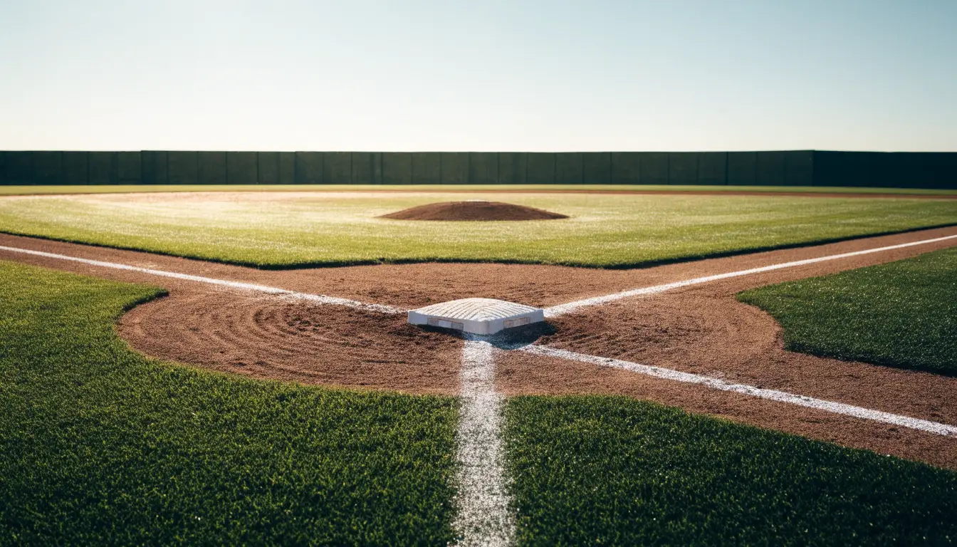 Ein Baseballfeld mit leerem Infield im Morgenlicht, die Linien frisch gezogen, keine Spieler im Bild.