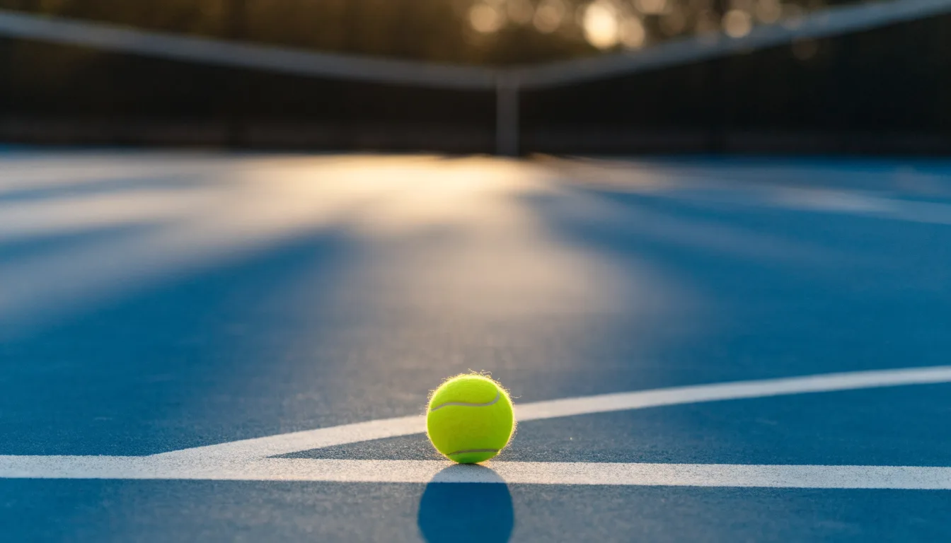 Ein Tennisball liegt in Nahaufnahme auf einer Grundlinie, dahinter verschwimmt ein leerer Platz in warmem Licht.