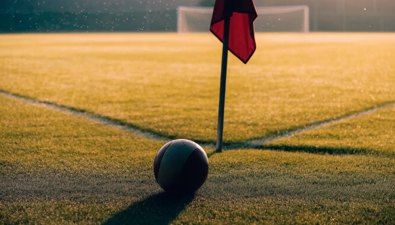 Ein Fußball liegt auf Rasen neben einer Eckfahne ohne Aufdruck auf einem leeren Platz im Morgenlicht.