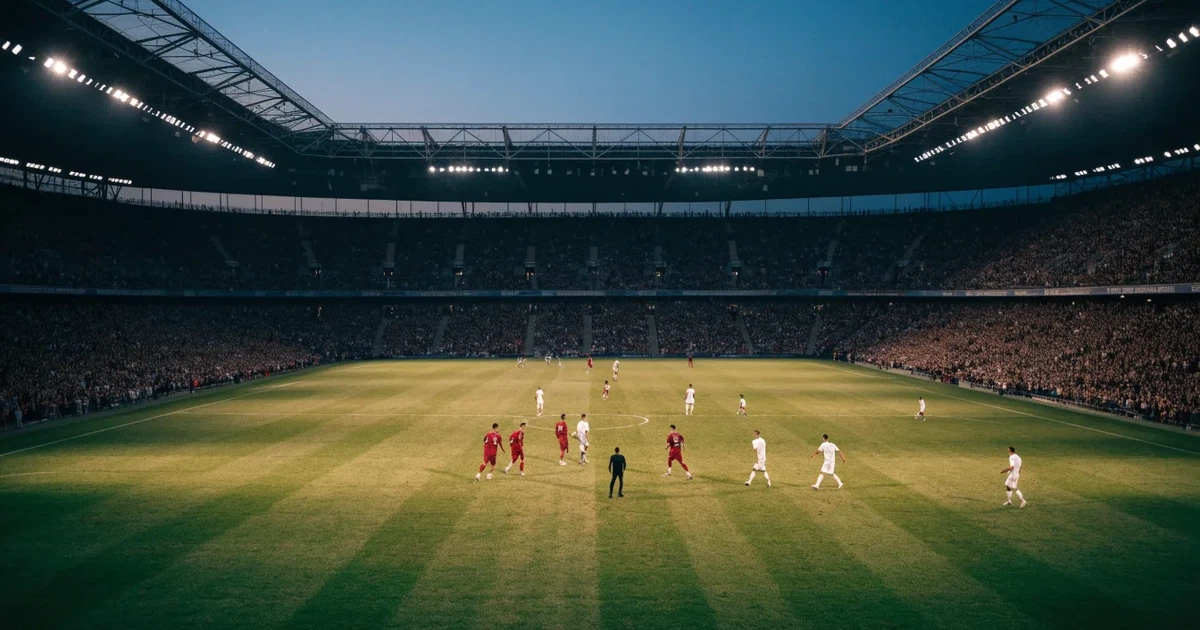 Ein riesiges Stadion in der Abenddämmerung aus der Vogelperspektive gesehen, die Lichter an den Rängen sind eingeschaltet.