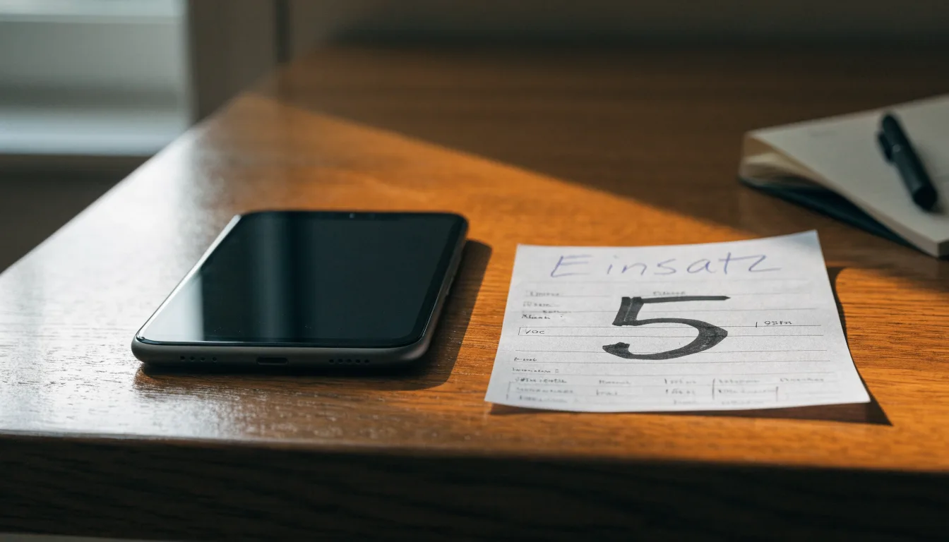 Ein Smartphone liegt mit dunklem Display neben einem leeren Papier-Wettschein und einem Stift auf einem Holztisch.