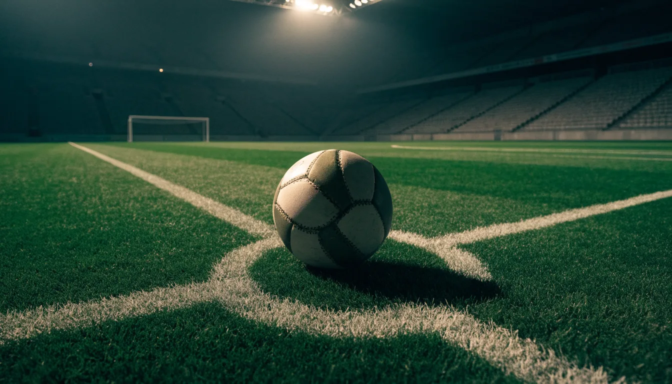 Ein Fußball liegt auf dem Anstoßpunkt eines Rasenplatzes, dahinter eine leere Tribüne im Abendlicht.