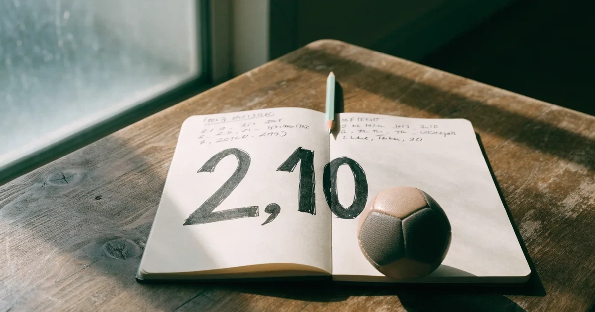Ein Notizbuch mit handschriftlichen Notizen und einem Bleistift liegt auf einem Holztisch, daneben ein kleiner Fußball im Tageslicht.