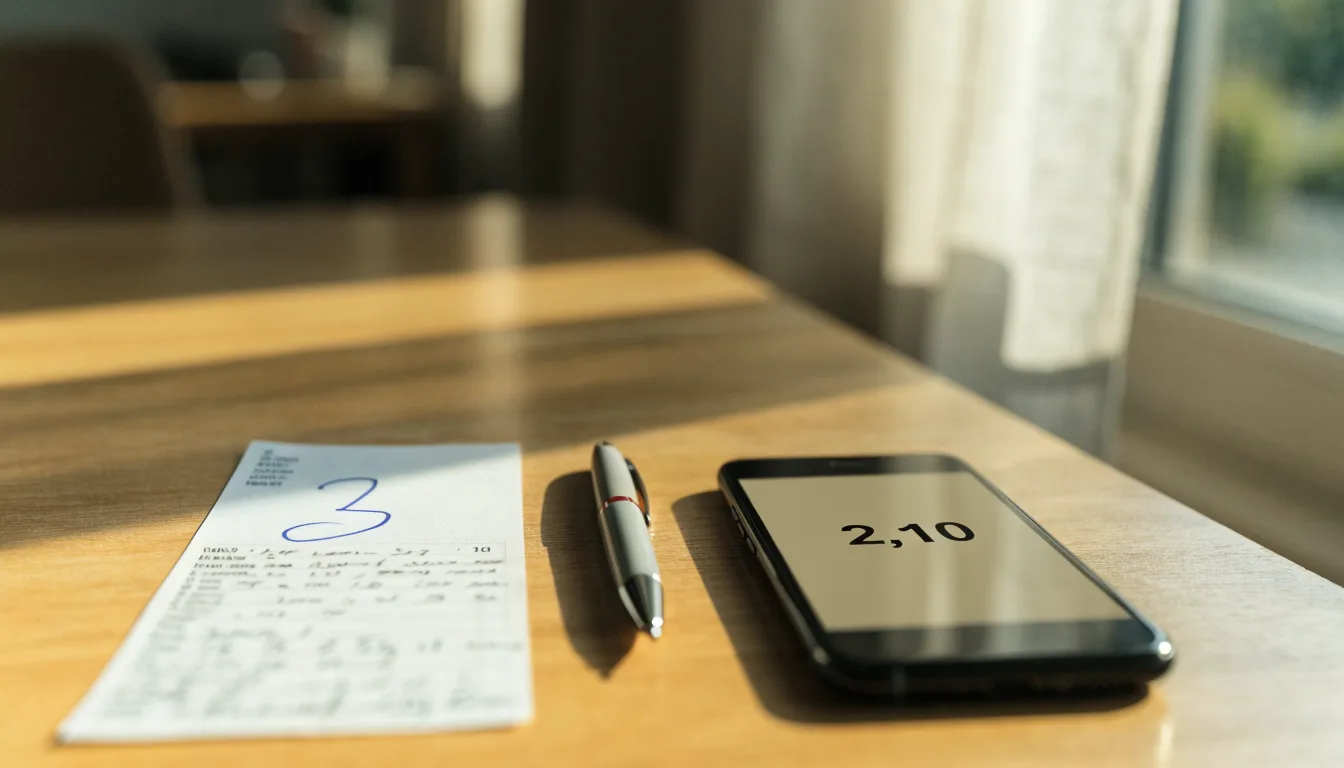 Ein leerer Papier-Wettschein und ein Kugelschreiber liegen neben einem Smartphone mit dunklem Display auf einem Schreibtisch am Fenster.