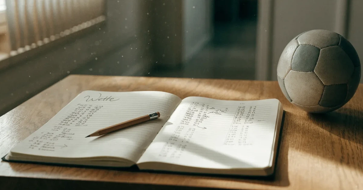 Ein Notizbuch mit handschriftlichen Notizen und einem Bleistift liegt auf einem Holztisch, daneben ein kleiner Fußball im Tageslicht.