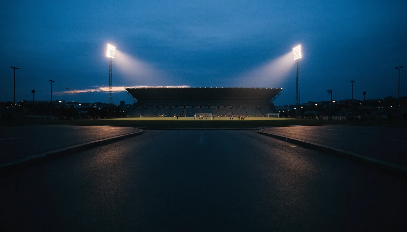 Ein Stadion unter Flutlicht aus großer Entfernung, davor eine leere Straße in der Abenddämmerung.