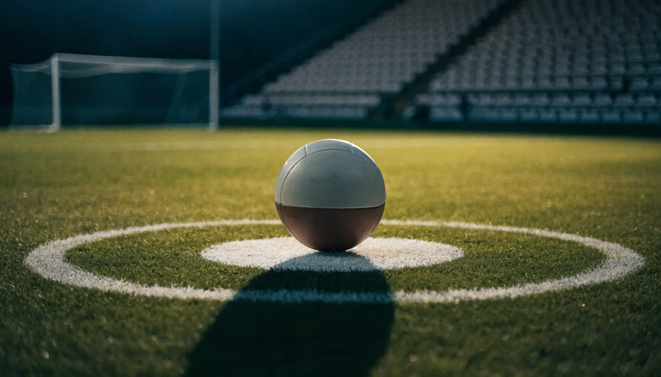 Ein Fußball liegt auf dem Anstoßpunkt eines Rasenplatzes, dahinter eine leere Tribüne im Abendlicht.