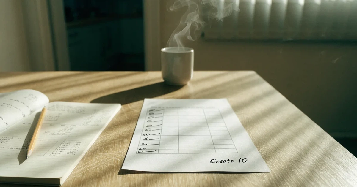 Eine Kaffeetasse, ein Notizbuch mit handschriftlichen Notizen und ein Bleistift auf einem hellen Schreibtisch am Morgen.