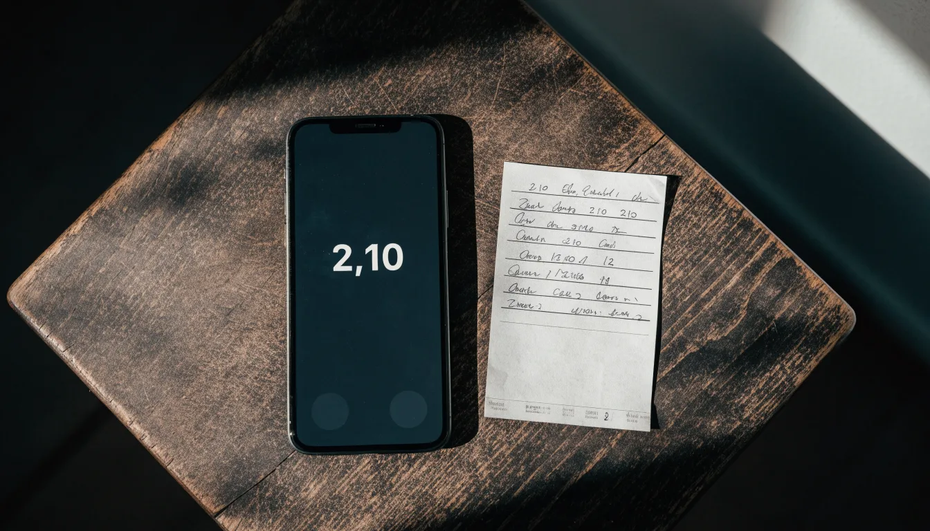 Ein Smartphone mit dunklem Display liegt neben einem leeren Papier-Wettschein auf einem Holztisch, Licht fällt von der Seite.