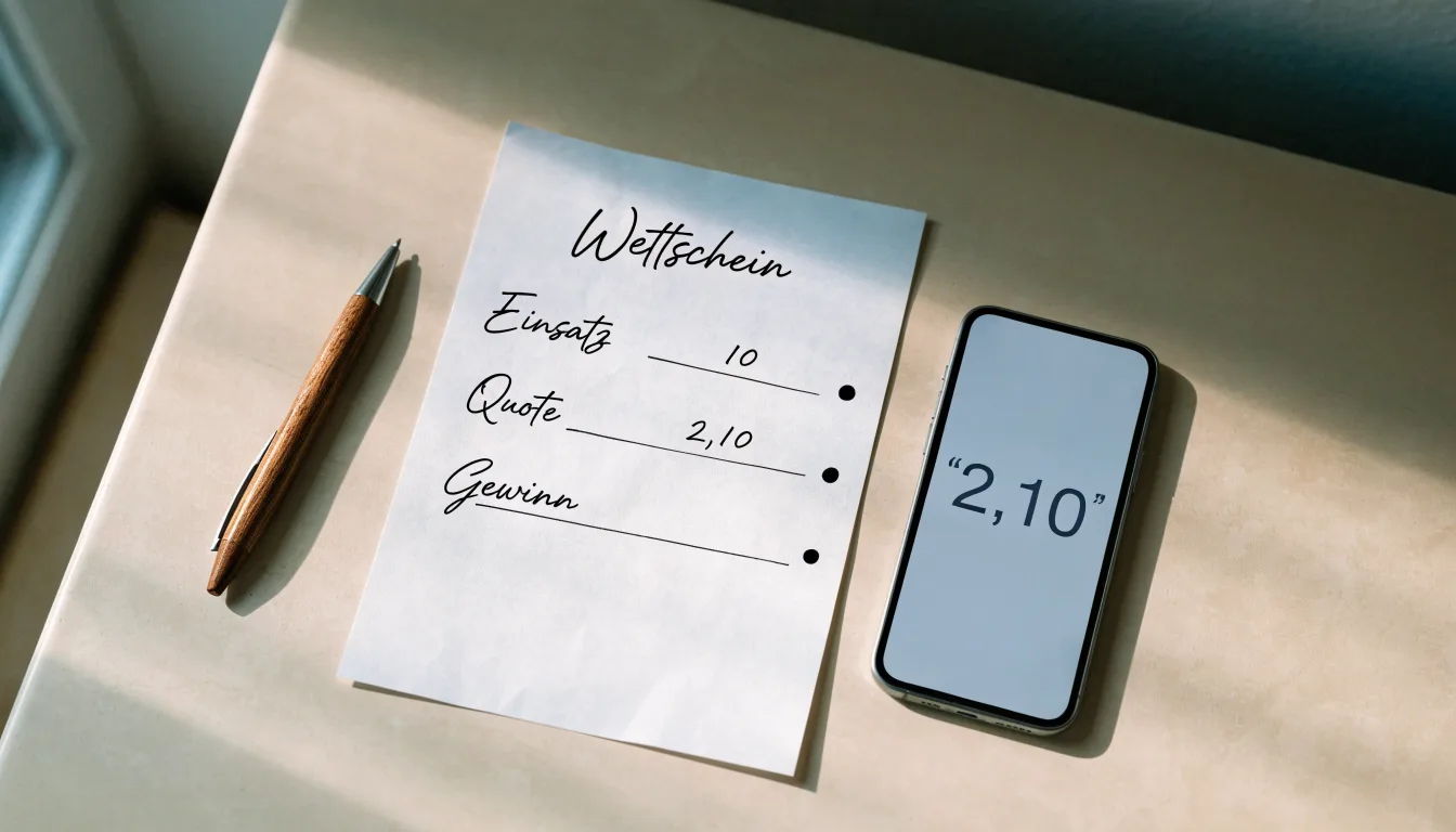 Ein leerer Papier-Wettschein und ein Kugelschreiber liegen neben einem Smartphone mit dunklem Display auf einem Schreibtisch am Fenster.