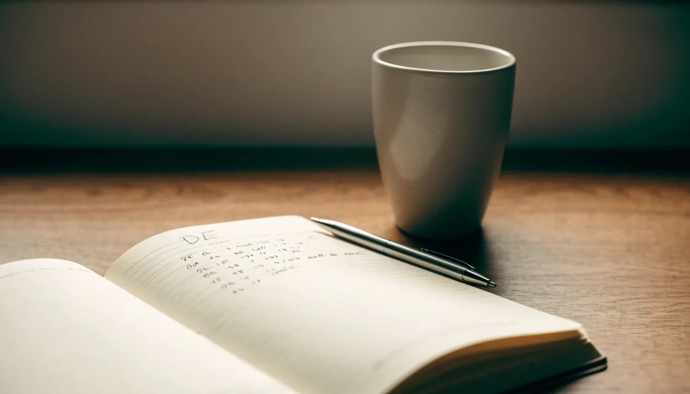 Ein Notizbuch mit handschriftlichen Notizen und ein Taschenrechner stehen auf einem Schreibtisch, daneben eine Tasse.