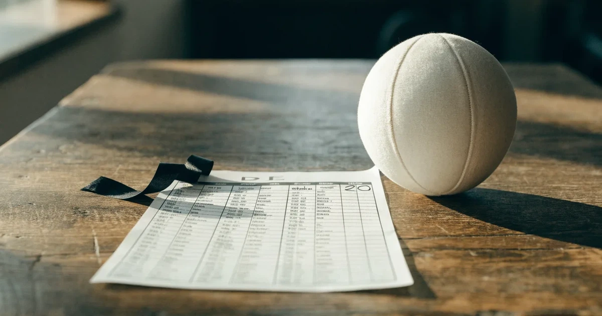 Ein kleines Geschenkband liegt neben einem Fußball und einem leeren Papier-Wettschein auf einem Holztisch im Tageslicht.