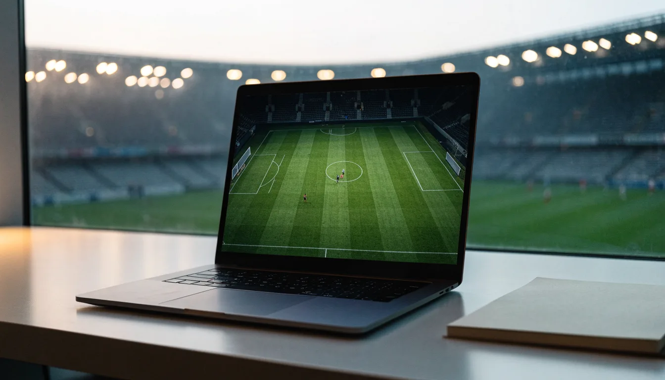 Ein Stadion unter Flutlicht aus der Ferne gesehen, davor ein leerer Parkplatz im Dunst.