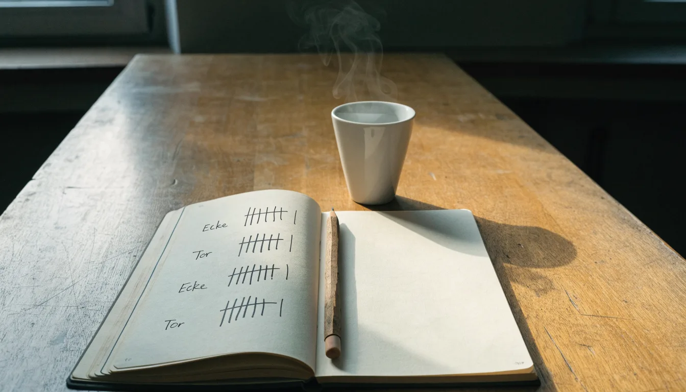 Ein Notizbuch mit handgeschriebenen Strichlisten liegt neben einem Bleistift und einer Kaffeetasse auf einem Holztisch.