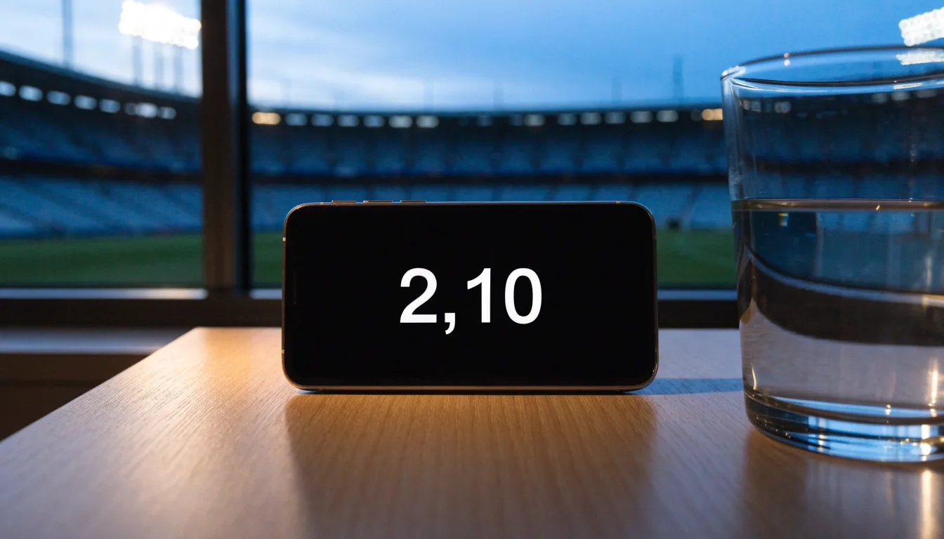 Ein Smartphone mit dunklem Display liegt auf einem Schreibtisch neben einem Glas Wasser, im Fenster dahinter ein Stadion im Dämmerlicht.