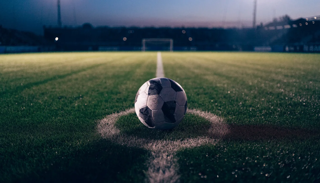Ein Fußball liegt auf dem Mittelkreis eines leeren Rasenplatzes unter Flutlicht am frühen Abend, die Tribünen sind nur schemenhaft zu erkennen.