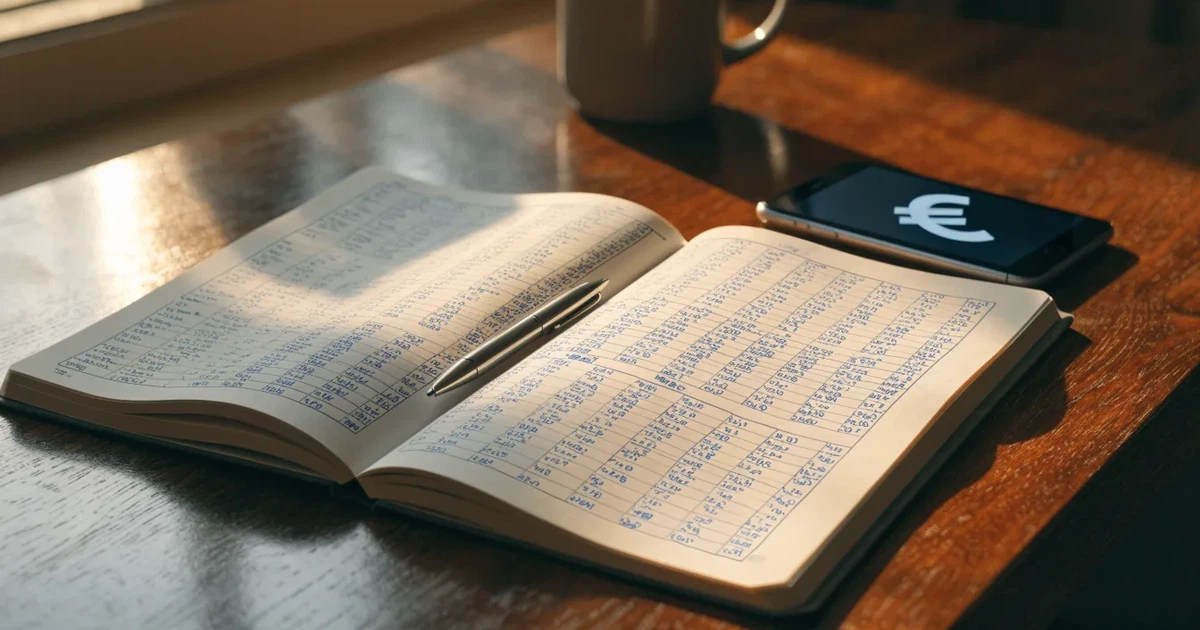 Ein aufgeschlagenes Notizbuch mit handgezeichneten Kurven und Strichen liegt neben einem Taschenrechner auf einem Schreibtisch im Morgenlicht.