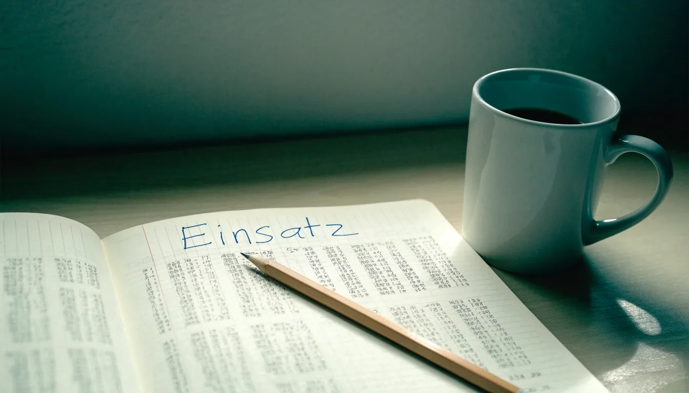 Ein Notizbuch mit handschriftlichen Zahlenreihen und ein Bleistift liegen auf einem Küchentisch neben einer Tasse.