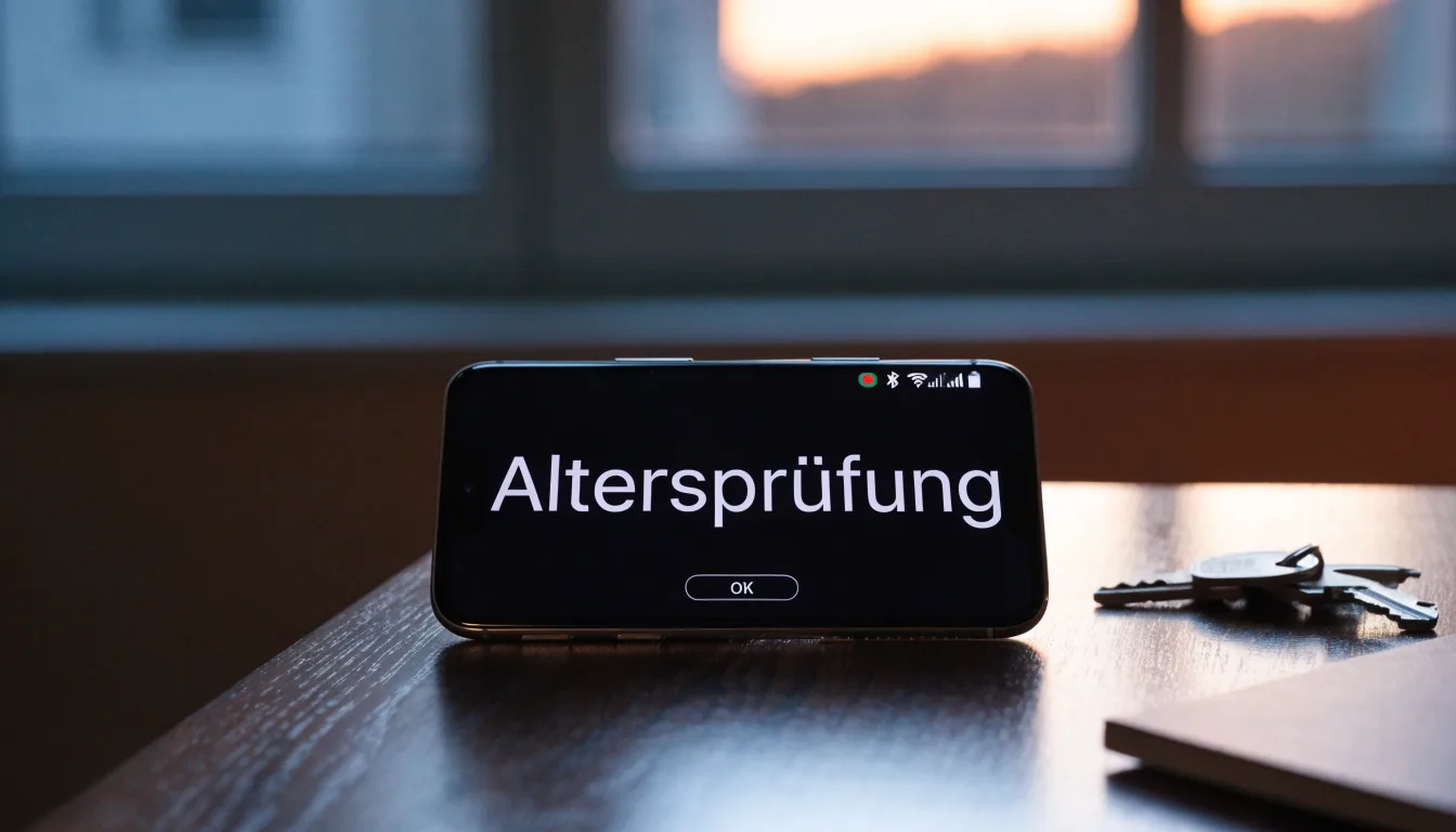 Ein Smartphone mit dunklem Display liegt auf einem Holztisch, daneben ein Schlüsselbund, im Hintergrund ein Fenster mit Abendlicht.