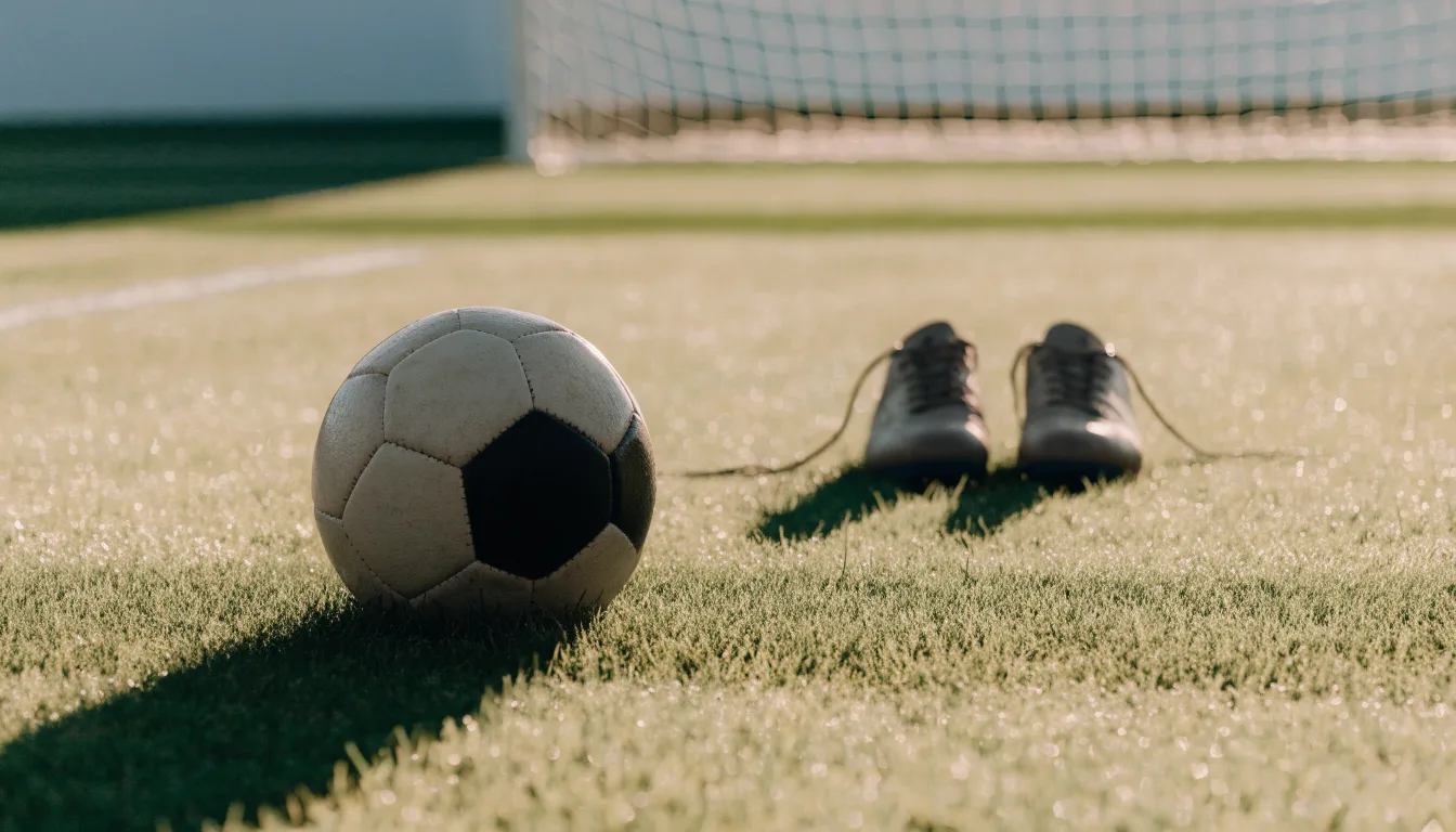 Ein Fußball auf frisch gemähtem Rasen im Morgenlicht, daneben ein Paar Fußballschuhe ohne erkennbare Marke.