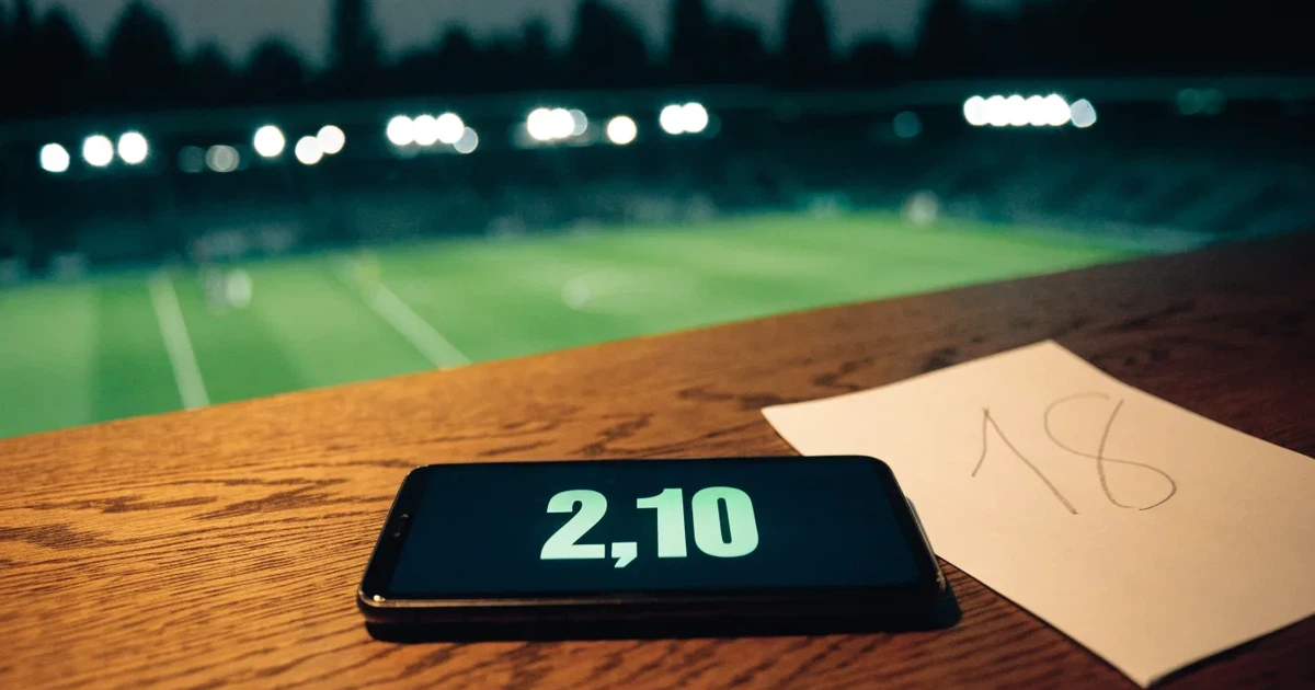 Ein Fußballstadion bei Nacht aus großer Entfernung, hell erleuchtet unter Flutlicht, davor eine dunkle Straße und Bäume.