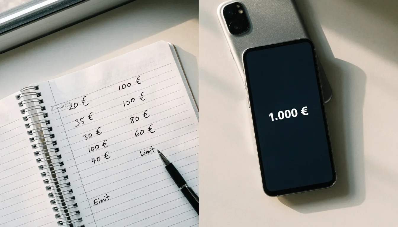 Ein Notizbuch mit handgeschriebenen Zahlen und ein Kugelschreiber liegen auf einem Tisch, daneben ein Smartphone mit schwarzem Bildschirm.