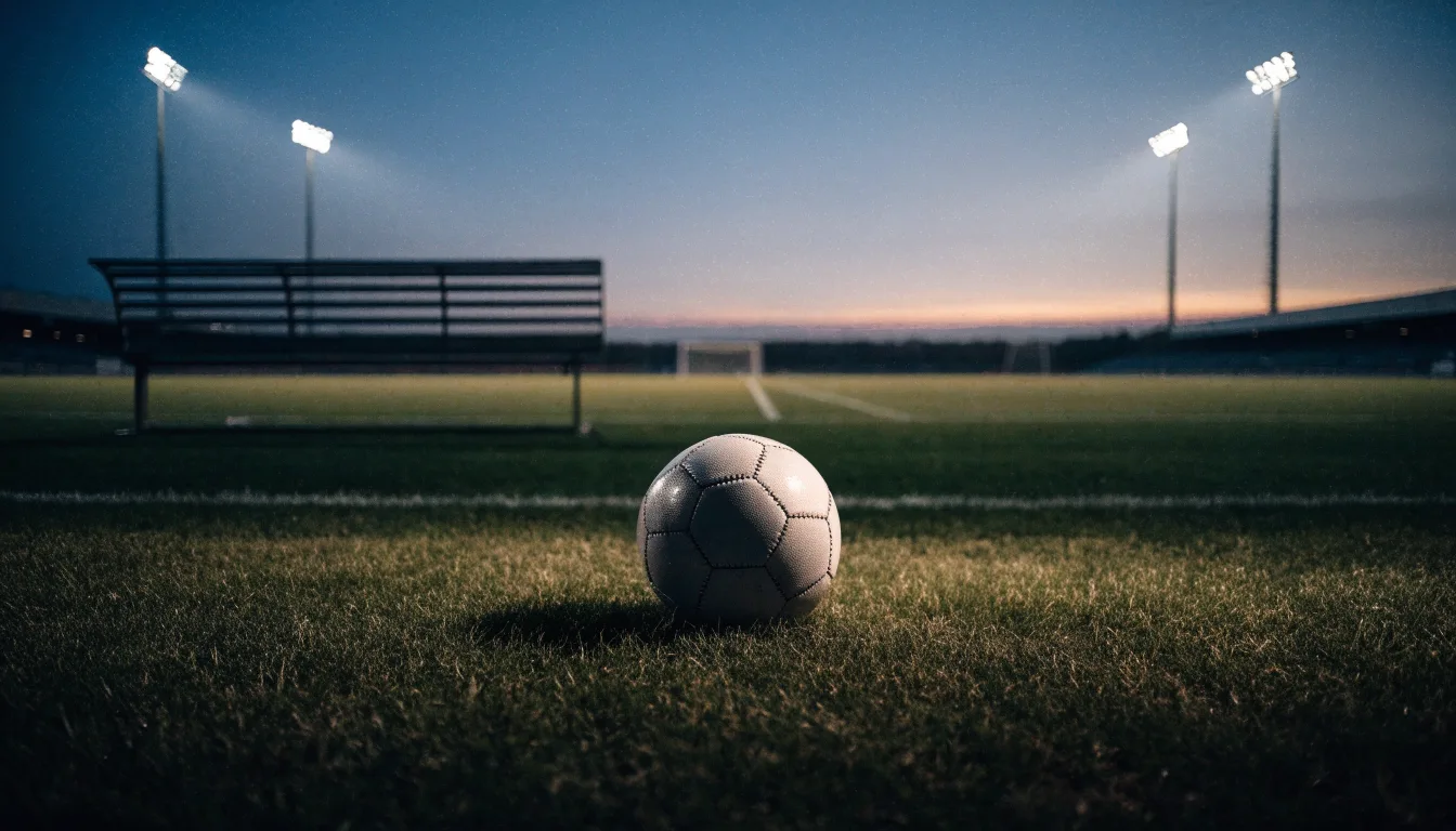 Ein Fußball liegt am Spielfeldrand neben einer leeren Ersatzbank, das Flutlicht über dem Platz leuchtet in der Dämmerung.
