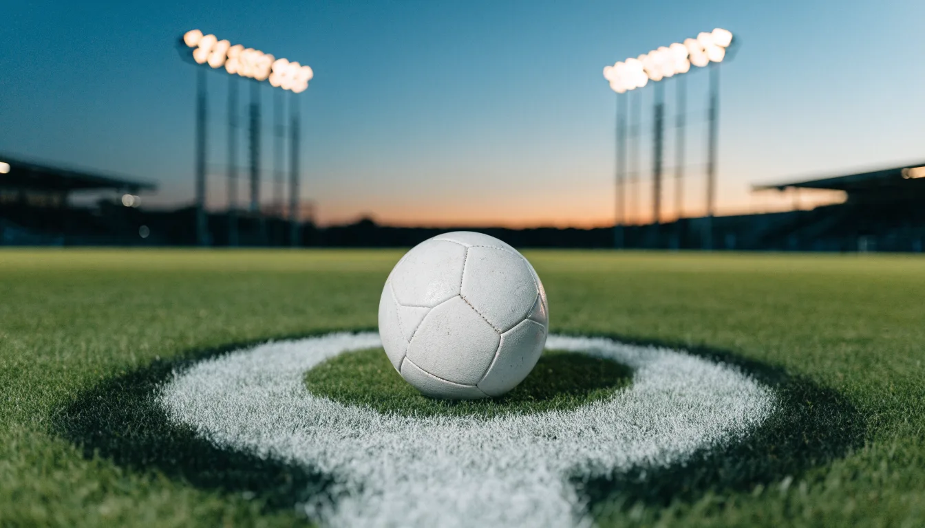 Ein Fußball liegt auf dem Anstoßpunkt eines Rasenplatzes in der Abenddämmerung, Flutlichtmasten stehen unscharf im Hintergrund.