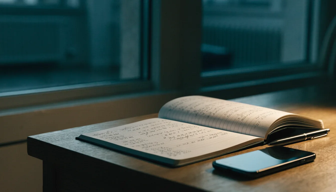 Ein Notizbuch mit handschriftlichen Zahlen liegt neben einem Smartphone mit dunklem Display auf einem Tisch, im Fenster Dämmerlicht.